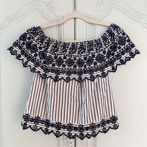 Cotton Boat-Neck Embroidered Flowy Stripe Blouse - Medium